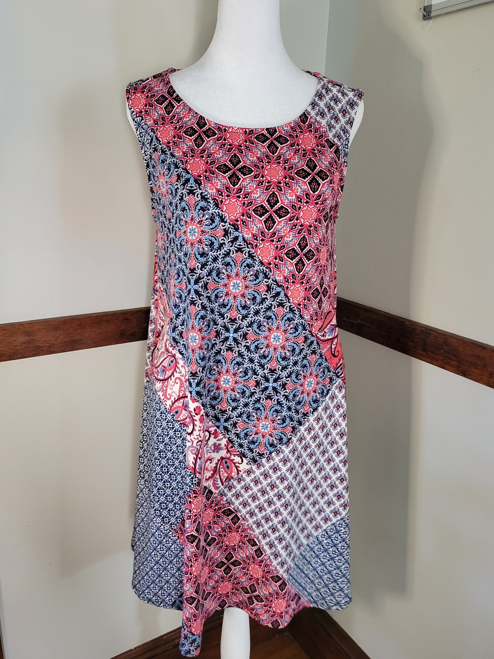 Nina Leonard Pink & Blue Patchwork Sleeveless Dress
